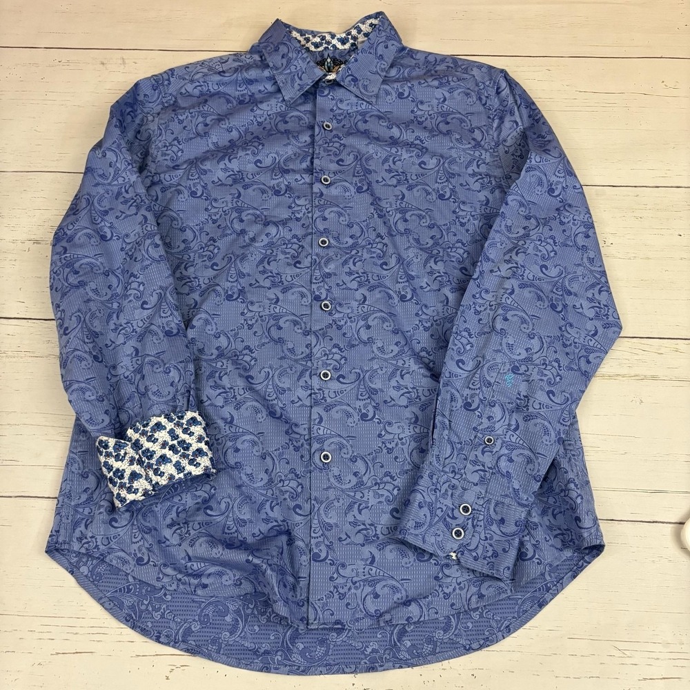 Robert Graham Paisley Shirt Mens L Blue Button-Up Long Sleeve Contrast Cuff - Picture 2 of 10